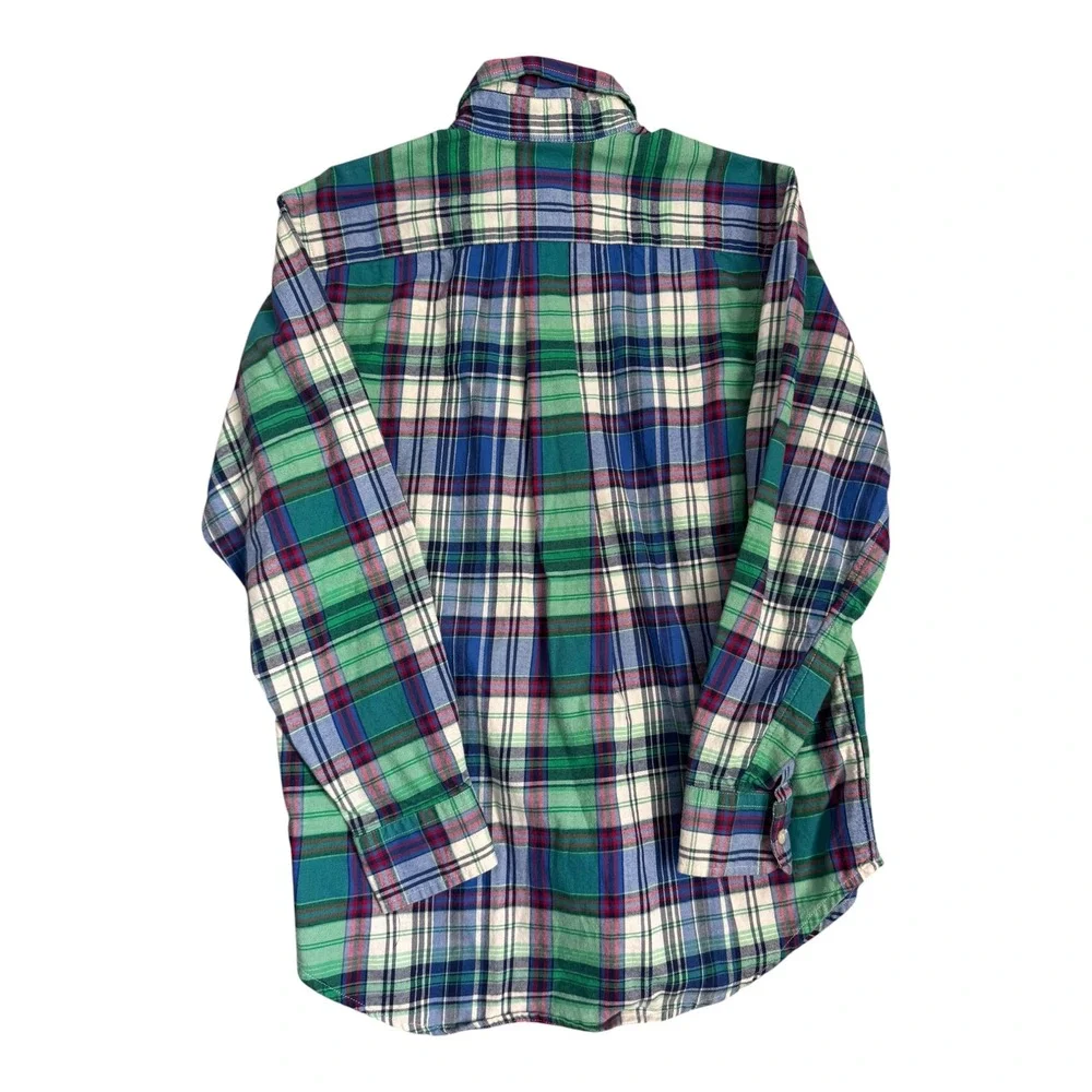 Ralph Lauren Boys Flannel Button Down Shirt Green Blue Plaid Logo Size M‎ 10-12